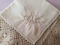 画像2: フランスヴィンテージ ボビンレースハンカチ イニシャル刺繍 GL (2)